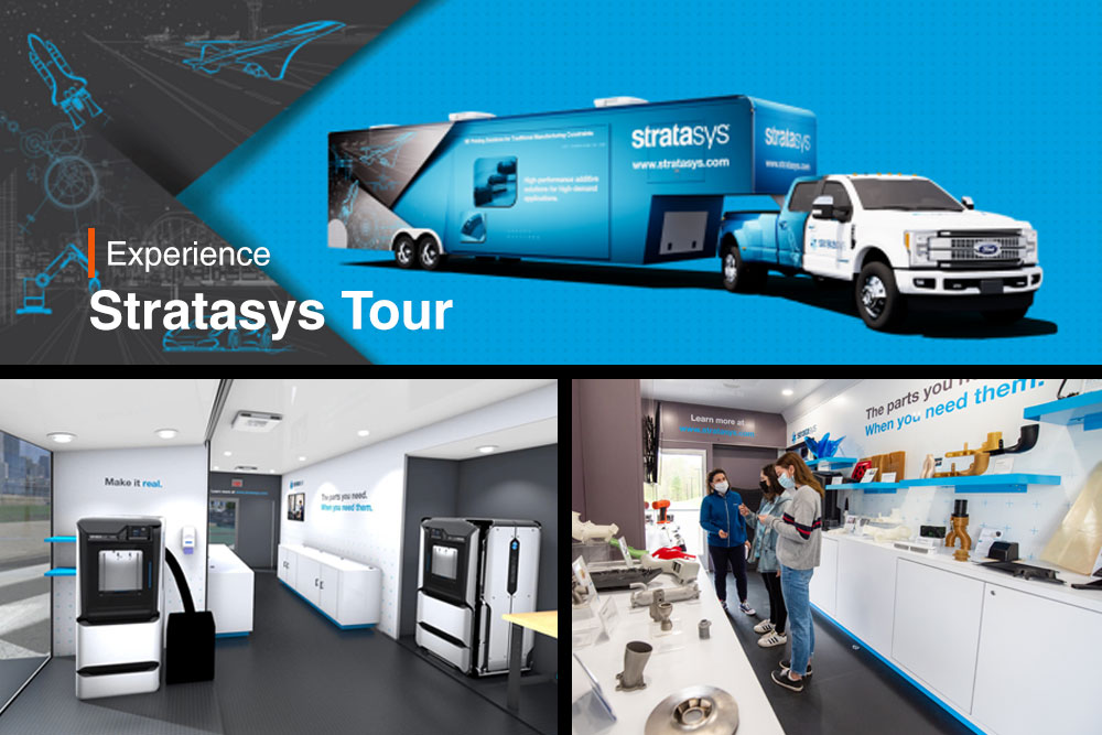 Allegheny Educational Systems Experience Stratasys Tour collage featuring mobile showroom truck and trailer, J-Series 3D printers, and guests inside the showroom.